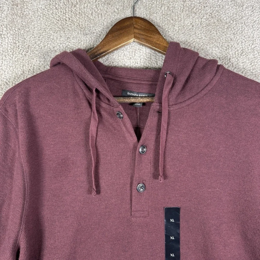 Banana Republic Hoodie Mens‎ XL Red Thermal Henley Pullover Kangaroo Pocket